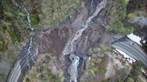 Washout of Spirit Lake Highway high angle drone image